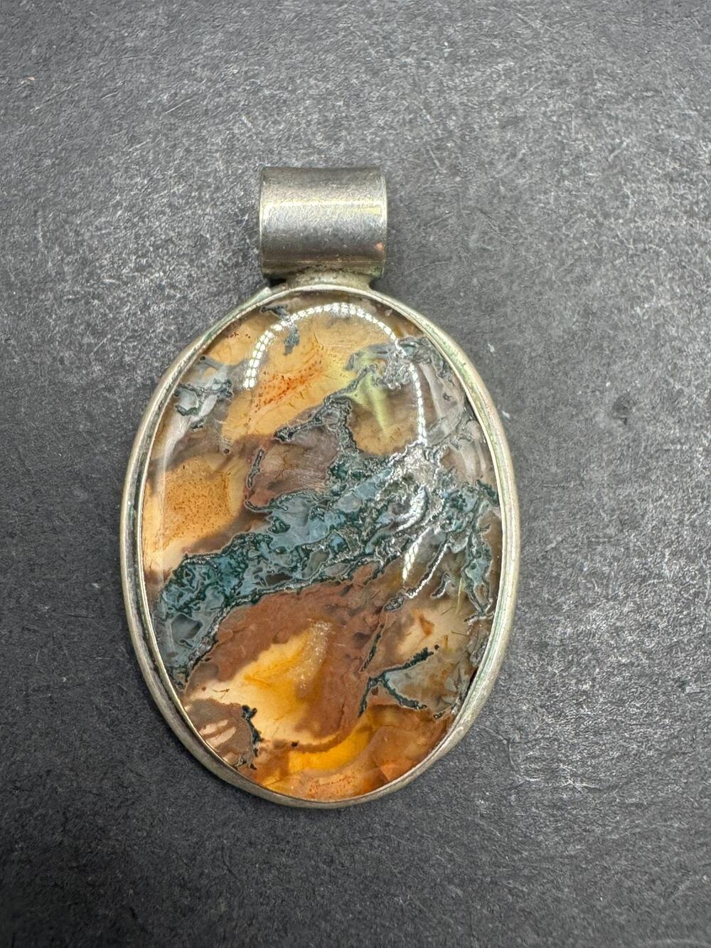 GF MW Sterling Silver 925 Natural Dendritic Agate Oval Pendant Necklace Charm